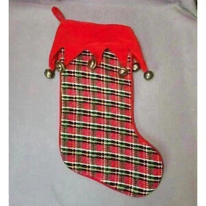 Vintage Wool Plaid Needlepoint Christmas Stocking Red Velvet Cuff Jingle Bells